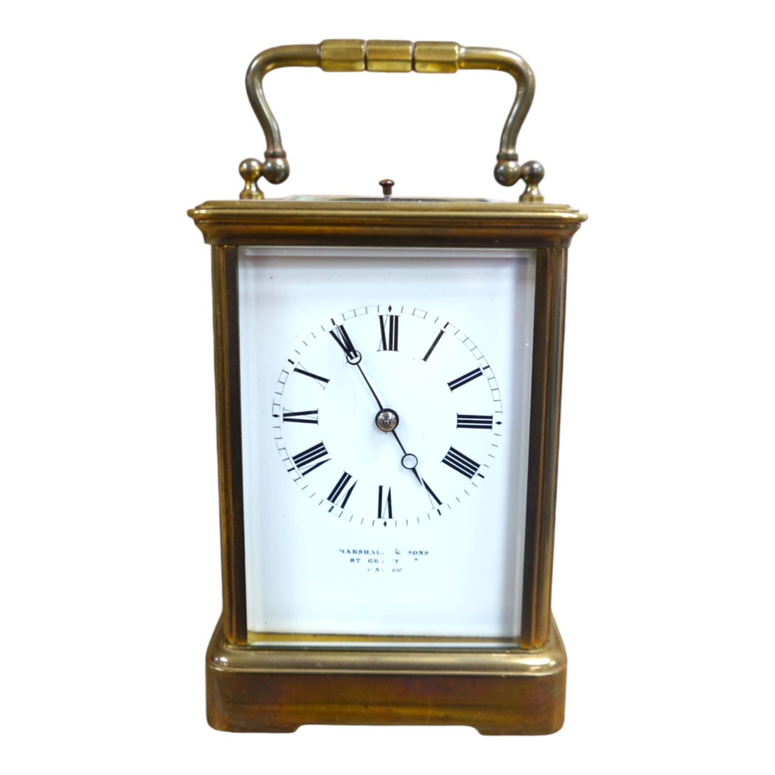 A Marshall & Sons repeating brass cased carriage clock, no key, 17cm high. Condition - fair, untested